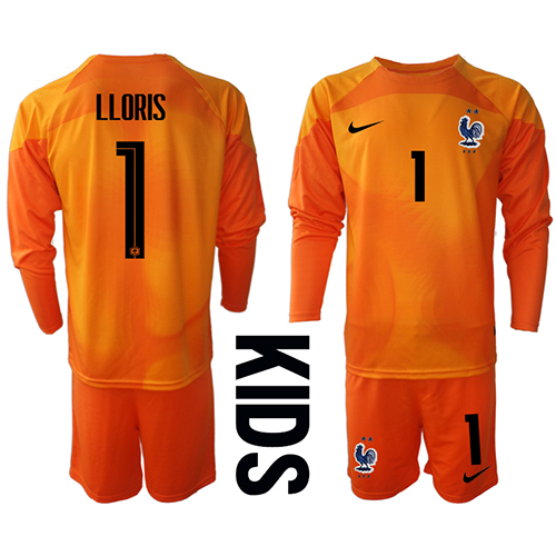 Camiseta Francia Hugo Lloris #1 Portero Primera Equipación para niños Mundial 2022 manga larga (+ pantalones cortos)